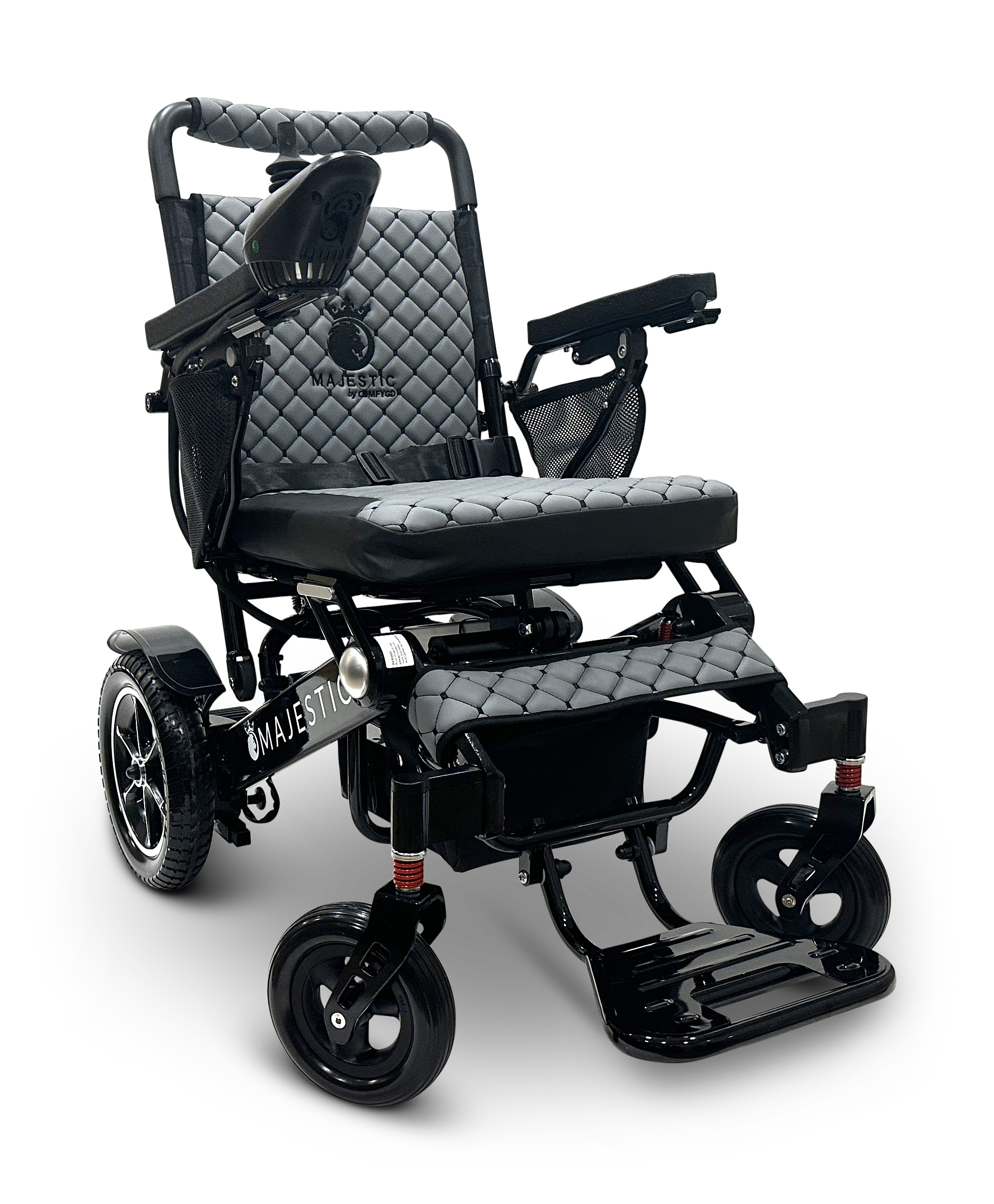 Introducing the MAJESTIC IQ-7000 Remote Controlled Electric Wheelchair, featuring a sleek black design with quilted upholstery, armrests, and joystick control. Proudly displaying the Majestic branding on the side, this lightweight model comes with sturdy wheels and a foldable footrest, elegantly set against a crisp white background.